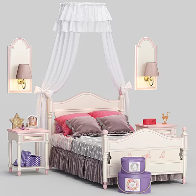 Pink And White Double Bed With Canopy Nightstands Table Lamps And Decorative Pillows 3d model