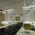 Modern Sales Office Interior Design With Model Display Yellow Chairs Marble Floor And Elegant Lighting