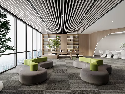 Modern Lounge Area Interior With Round Green Gray Seats Large Windows And Plants 3d model