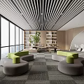 Modern Lounge Area Interior With Round Green Gray Seats Large Windows And Plants