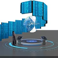 Digital Computer Console With Globe And Blue Code Spiral Blocks Operated By Person