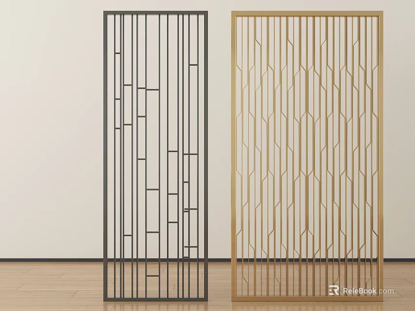 Stylish Black And Gold Room Dividers Featuring Geometric Hollow Designs 3d model 