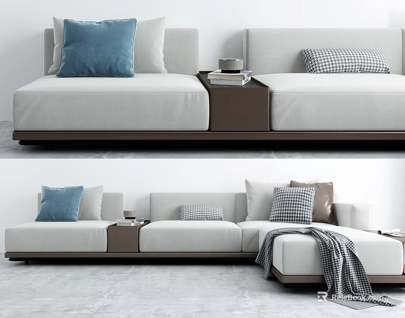 Modern Light Beige Sectional Sofa With Blue Checkered Pillows Gray Throw Blanket 3d model