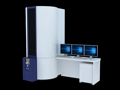 White Cylindrical Medical Equipment With Blue Side Panel And Three Monitors On White Desk 3d model