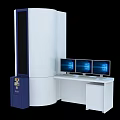 White Cylindrical Medical Equipment With Blue Side Panel And Three Monitors On White Desk
