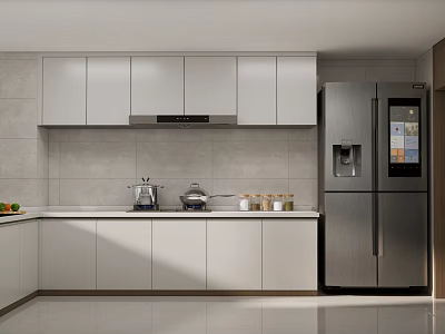 Modern Kitchen Interior With White Cabinets Stainless Steel Refrigerator And Countertop 3d model