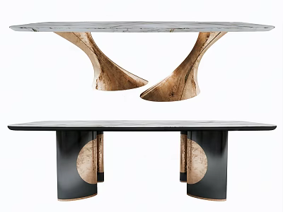 Stylish Modern Dining Tables With Marble Black Tops Curved Brass And Black Legs Design 3d model