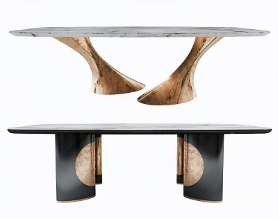 Stylish Modern Dining Tables With Marble Black Tops Curved Brass And Black Legs Design 3d model