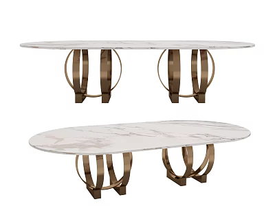 Elegant Modern Oval Dining Table With White Marble Top And Gold Metal Legs Design 3d model