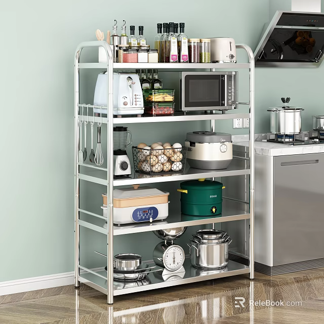 Metal Multi tiered Kitchen Storage Shelf With Microwave Rice Cooker And Spice Jars 3d model 