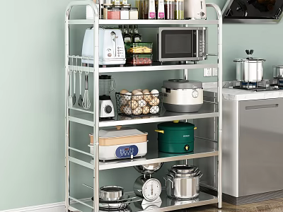 Metal Multi tiered Kitchen Storage Shelf With Microwave Rice Cooker And Spice Jars 3d model