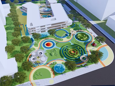 Vibrant Children's Playground With Green Lawns Circular Play Structures Slides Colorful Paths And Trees 3d model