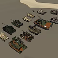 Various Military Tank Models with Different Colors and Types Displayed Together 3d model