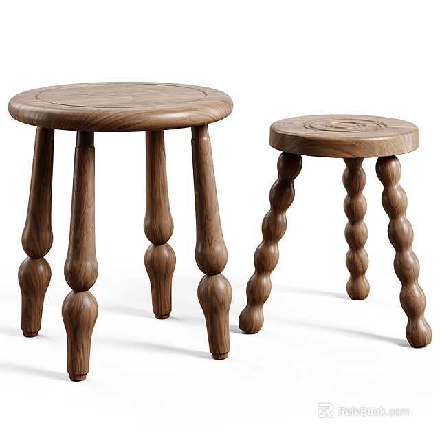 Two Wooden Round Seat Stools With Twisted Legs For Home Decor In Different Sizes 3d model 