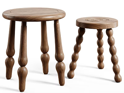 Two Wooden Round Seat Stools With Twisted Legs For Home Decor In Different Sizes 3d model