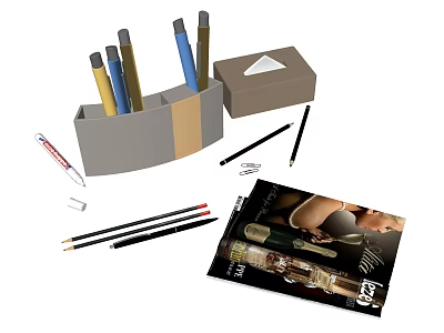 Organized Office Stationery Set With Pen Holder Pencils Paper Clips Tissue Box And Notebook 3d model