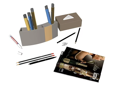 Organized Office Stationery Set With Pen Holder Pencils Paper Clips Tissue Box And Notebook 3d model