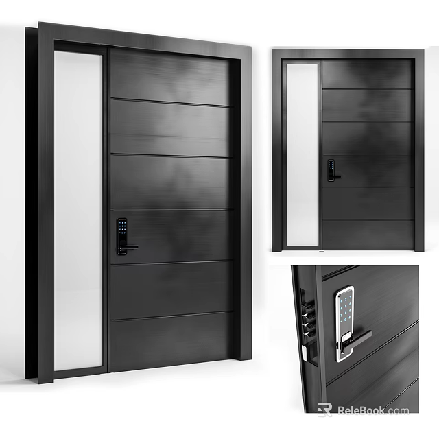 Black Modern Security Door With Glass Panel And Digital Lock Design 3d model 
