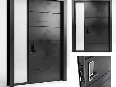 Black Modern Security Door With Glass Panel And Digital Lock Design 3d model
