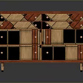 Artistic Wooden Cabinet With Geometric Patterns Red Black Panels Drawers And Doors Design