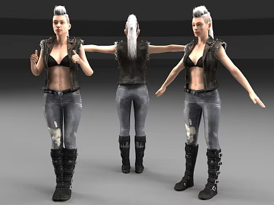 Woman with white hair in black vest ripped jeans black boots showing three angles 3d model