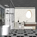 Modern Bathroom Interior With Oval Mirror Stone Wall And Black White Geometric Floor Tiles