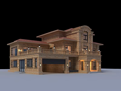 Two Story Detached Villa Featuring Brick Exterior Balcony Garage And Warm Lighting 3d model