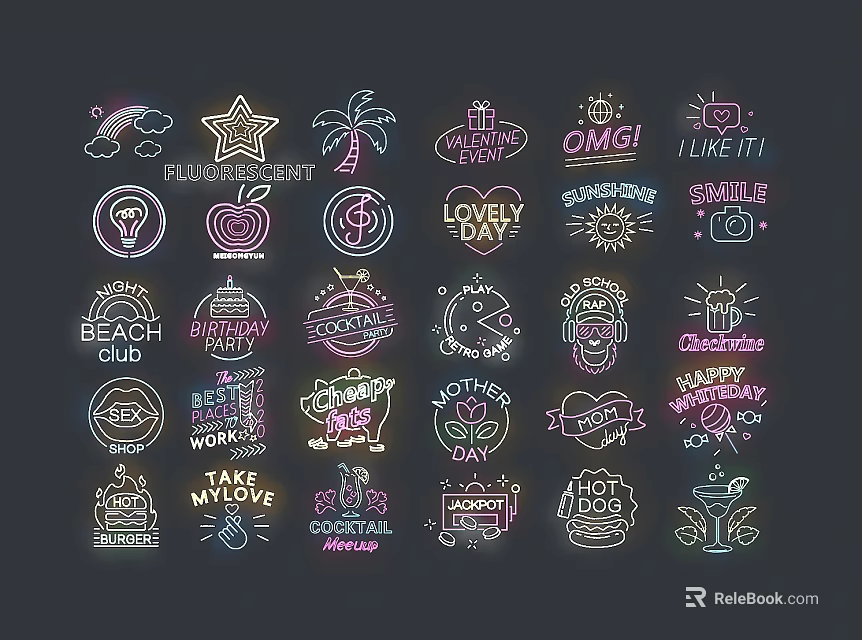 Colorful Neon Signs Collection With Beach Party Love Coffee Music Themes 3d model 