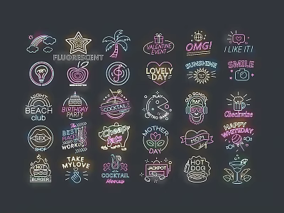 Colorful Neon Signs Collection With Beach Party Love Coffee Music Themes 3d model