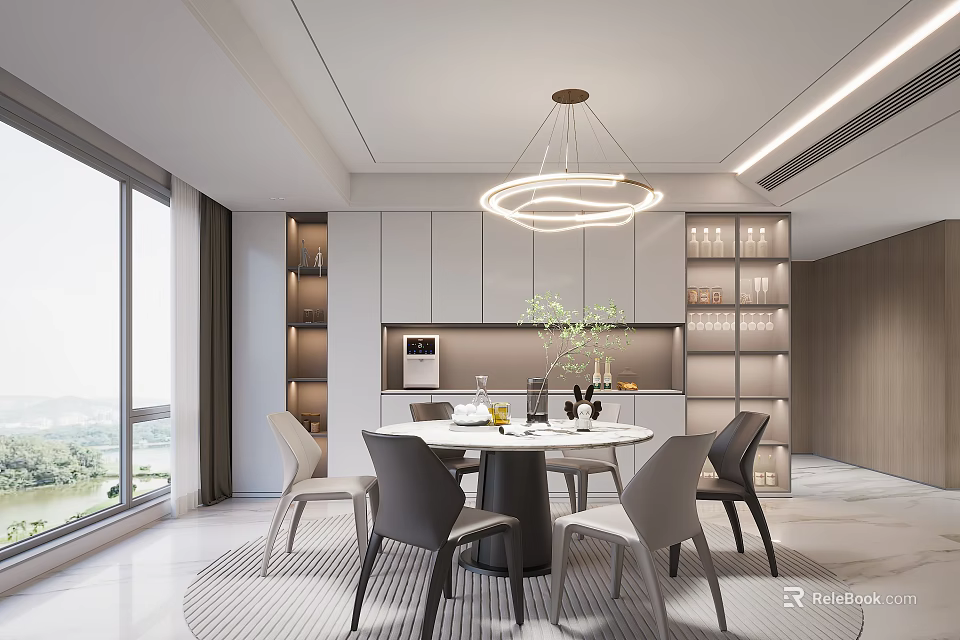 Modern Restaurant Interior With Round Dining Table Chairs Pendant Light Open Kitchen And Window View 3d model 