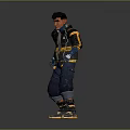 Futuristic Human Character In Cyberpunk Jacket Blue Gloves Dark Pants And Yellow Sole Shoes