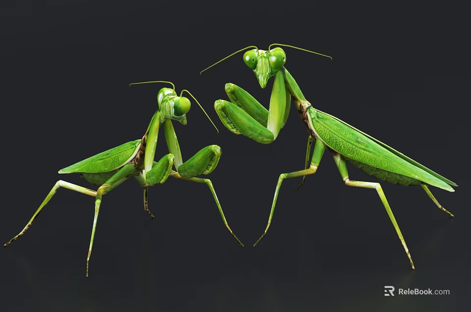 Two Green Praying Mantises in Natural Interaction on Dark Background Close Up View 3d model 
