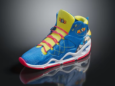 Stylish Blue Sneakers With Pink Laces Yellow Tongue And Cartoon Patterns 3d model