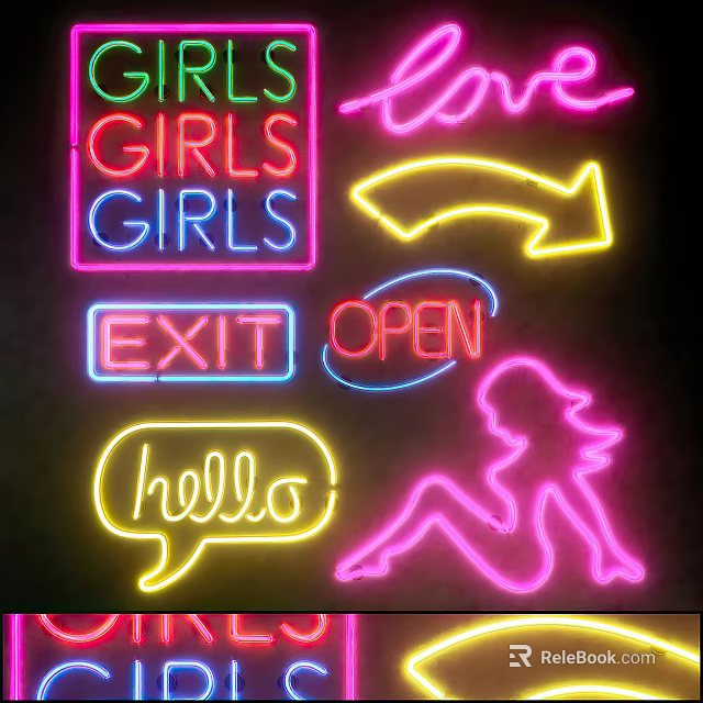 Colorful Neon Decorative Lights with Various Text Patterns Arrow Silhouette and Hello Speech Bubble Designs 3d model 