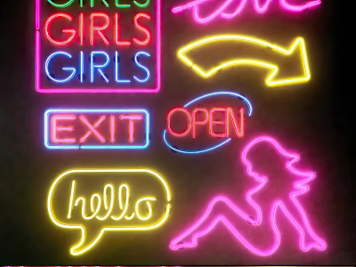 Colorful Neon Decorative Lights with Various Text Patterns Arrow Silhouette and Hello Speech Bubble Designs 3d model