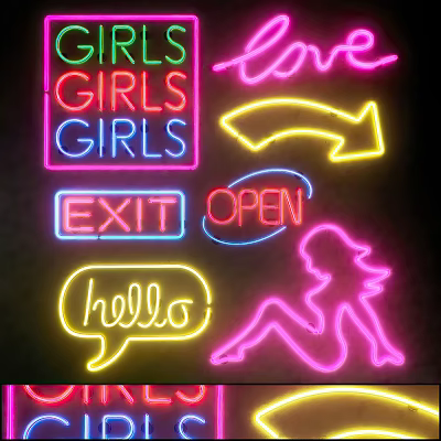 Colorful Neon Decorative Lights with Various Text Patterns Arrow Silhouette and Hello Speech Bubble Designs 3d model