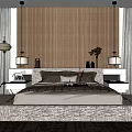 Upholstered Double Bed Interior With Wooden Backdrop Table Lamps And Plants 3d model