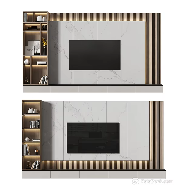 Modern TV Background Cabinet with Marble Panels LED Strips and Storage Shelves 3d model 