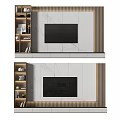 Modern TV Background Cabinet with Marble Panels LED Strips and Storage Shelves