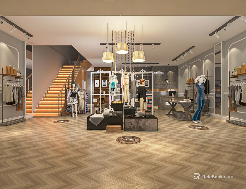 Modern Fashion Clothing Store Interior With Staircase Mannequins Chandeliers And Display Racks 3d model 