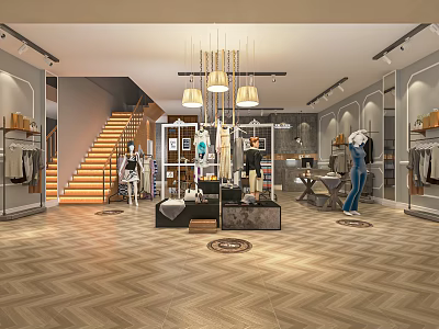 Modern Fashion Clothing Store Interior With Staircase Mannequins Chandeliers And Display Racks 3d model