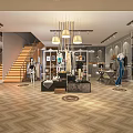 Modern Fashion Clothing Store Interior With Staircase Mannequins Chandeliers And Display Racks
