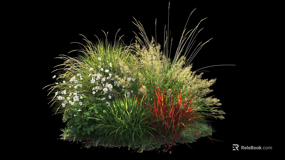 Lush Green Shrub With White Flowers Red Grass And Garden Plants 3d model 