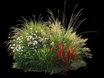 Lush Green Shrub With White Flowers Red Grass And Garden Plants 3d model