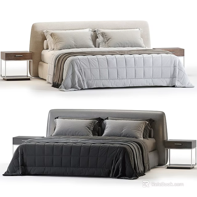 Modern Double Bed With Soft Pillows Quilted Bedding And Bedside Tables 3d model