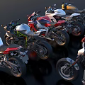 Various Colorful Sport And Classic Motorcycles On Black Background With Reflections