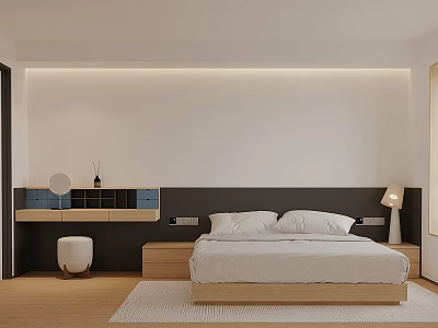 Modern Bedroom Interior Design With White Bedding Wooden Floor Shelf And Bedside Lamp 3d model