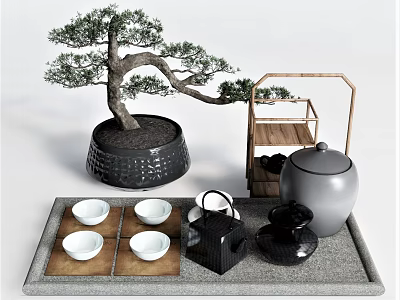 Traditional Tea Set With Black Teapot White Teacups Gray Jar And Bonsai Tree On Tray 3d model