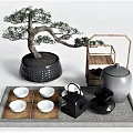 Traditional Tea Set With Black Teapot White Teacups Gray Jar And Bonsai Tree On Tray