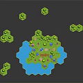 Cartoon Scene With Island Yellow Hills Green Trees Blue Water Small Houses And Characters